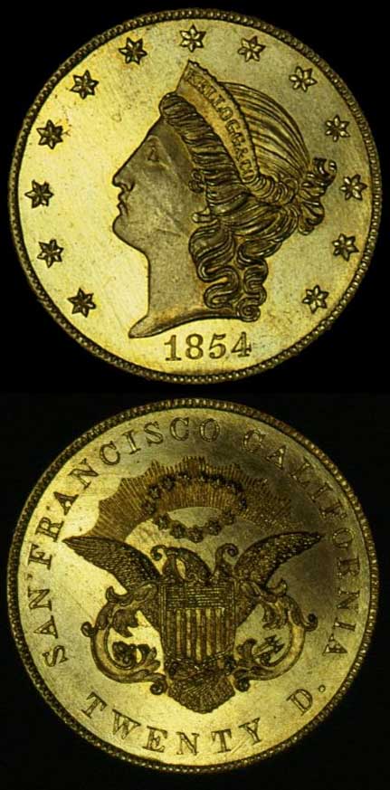 1854 Kellogg Company 20 Gold Ex. Garrett CoinSite