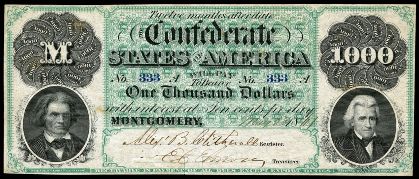1861 Confederate States of America 100 Dollar banknote